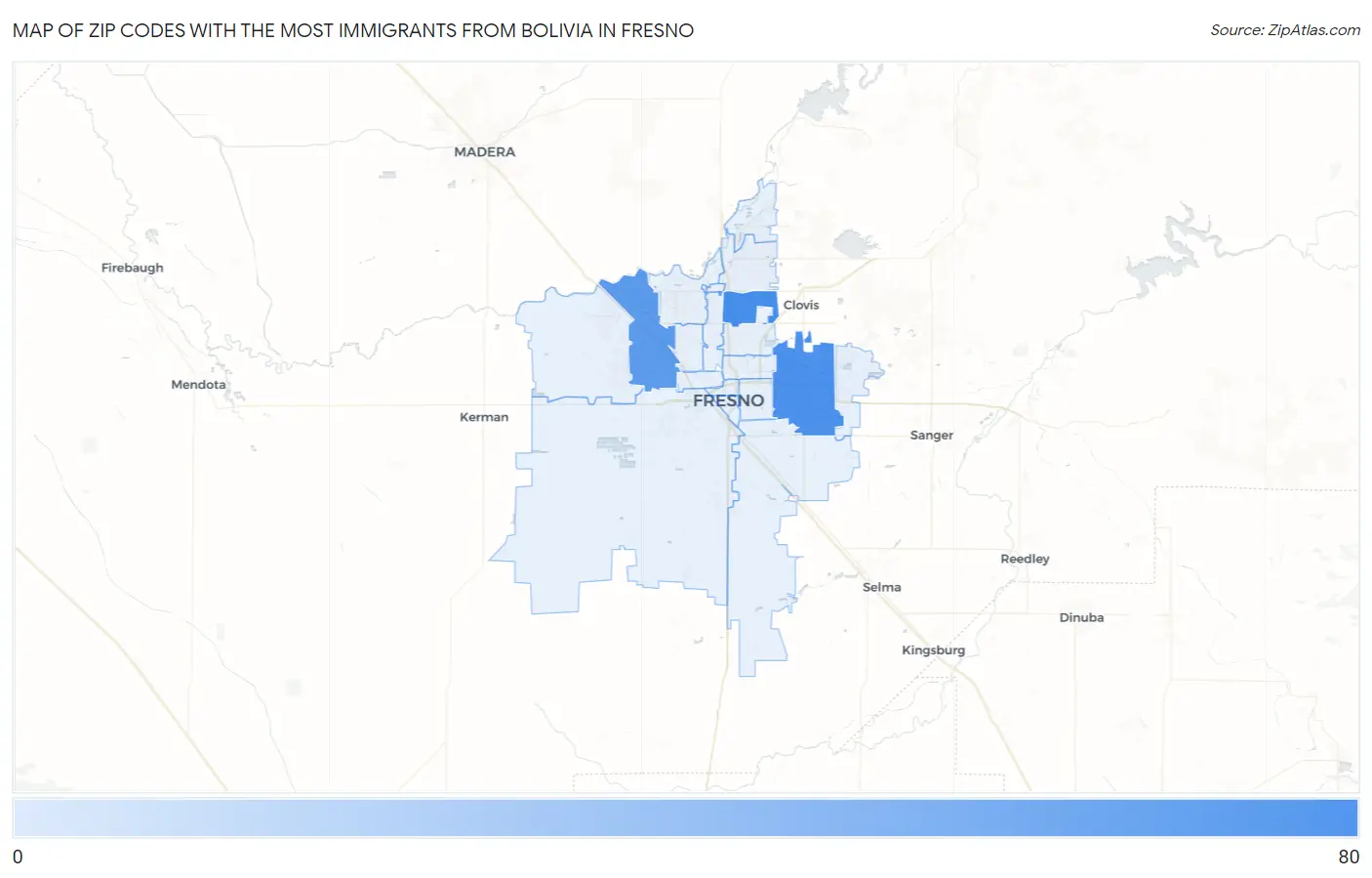 Zip Codes with the Most Immigrants from Bolivia in Fresno Map