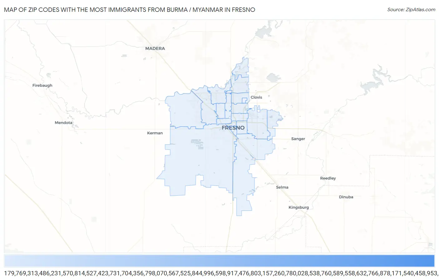 Zip Codes with the Most Immigrants from Burma / Myanmar in Fresno Map