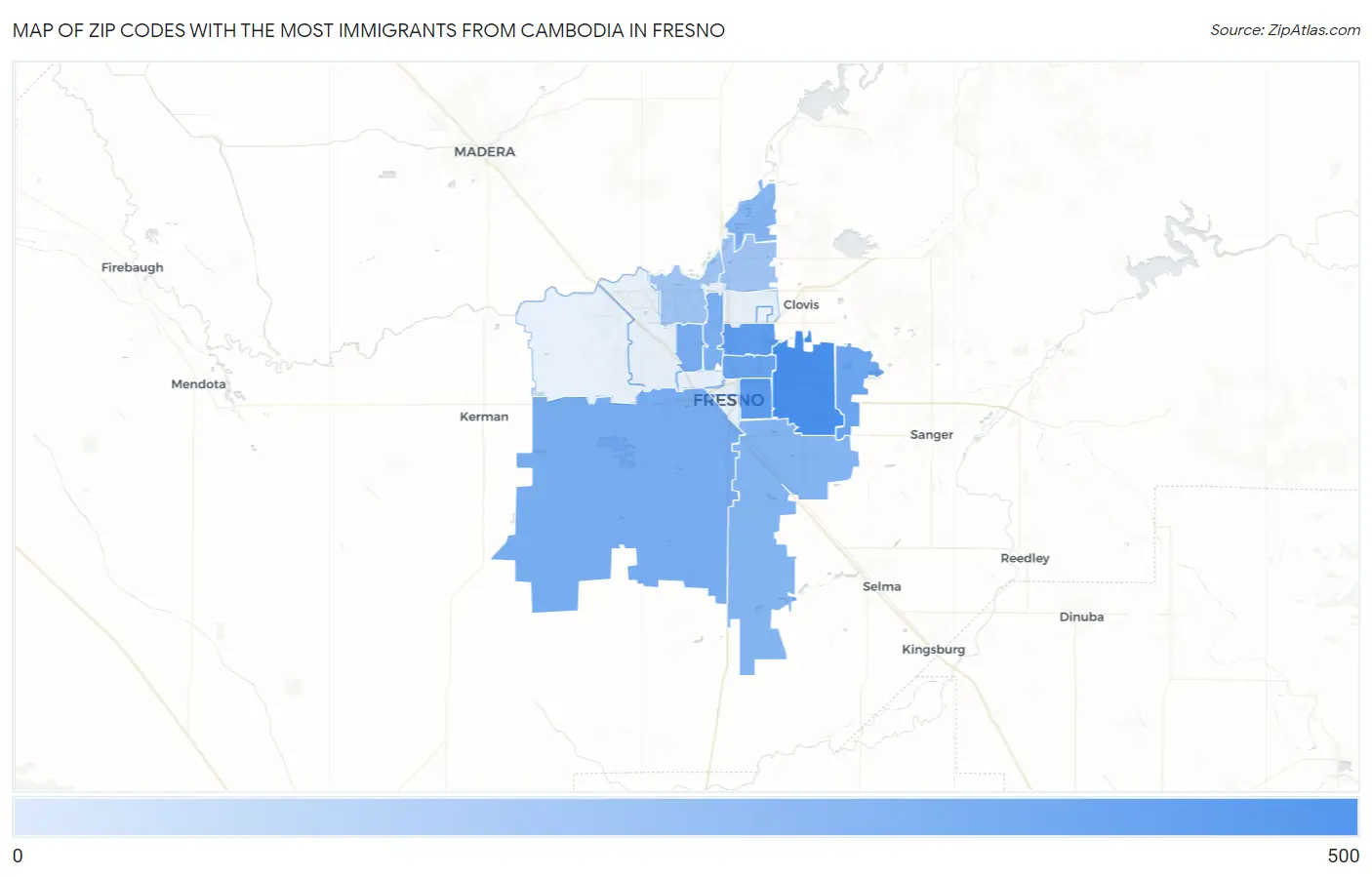 Zip Codes with the Most Immigrants from Cambodia in Fresno Map