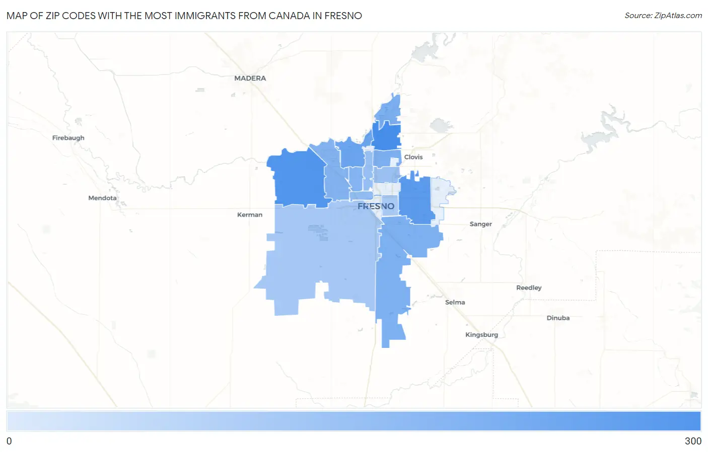 Zip Codes with the Most Immigrants from Canada in Fresno Map
