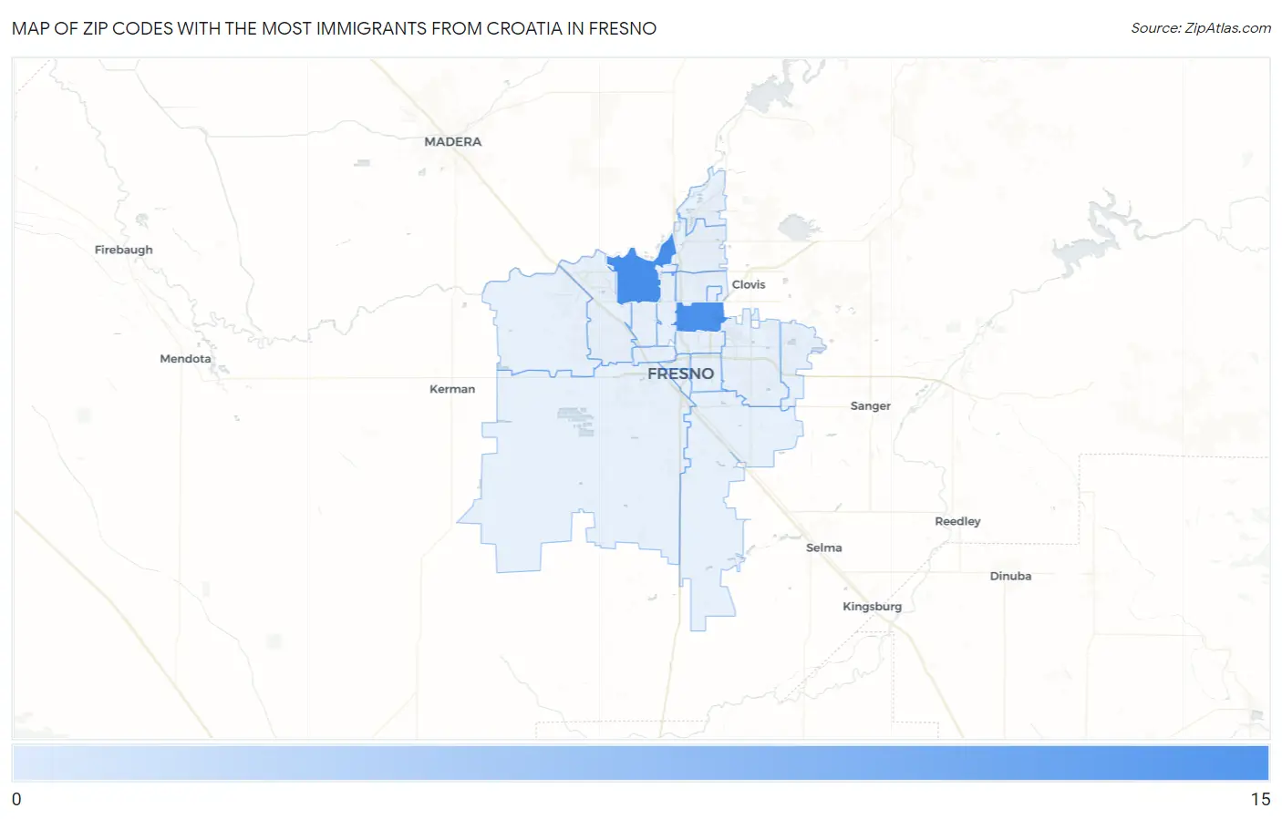 Zip Codes with the Most Immigrants from Croatia in Fresno Map