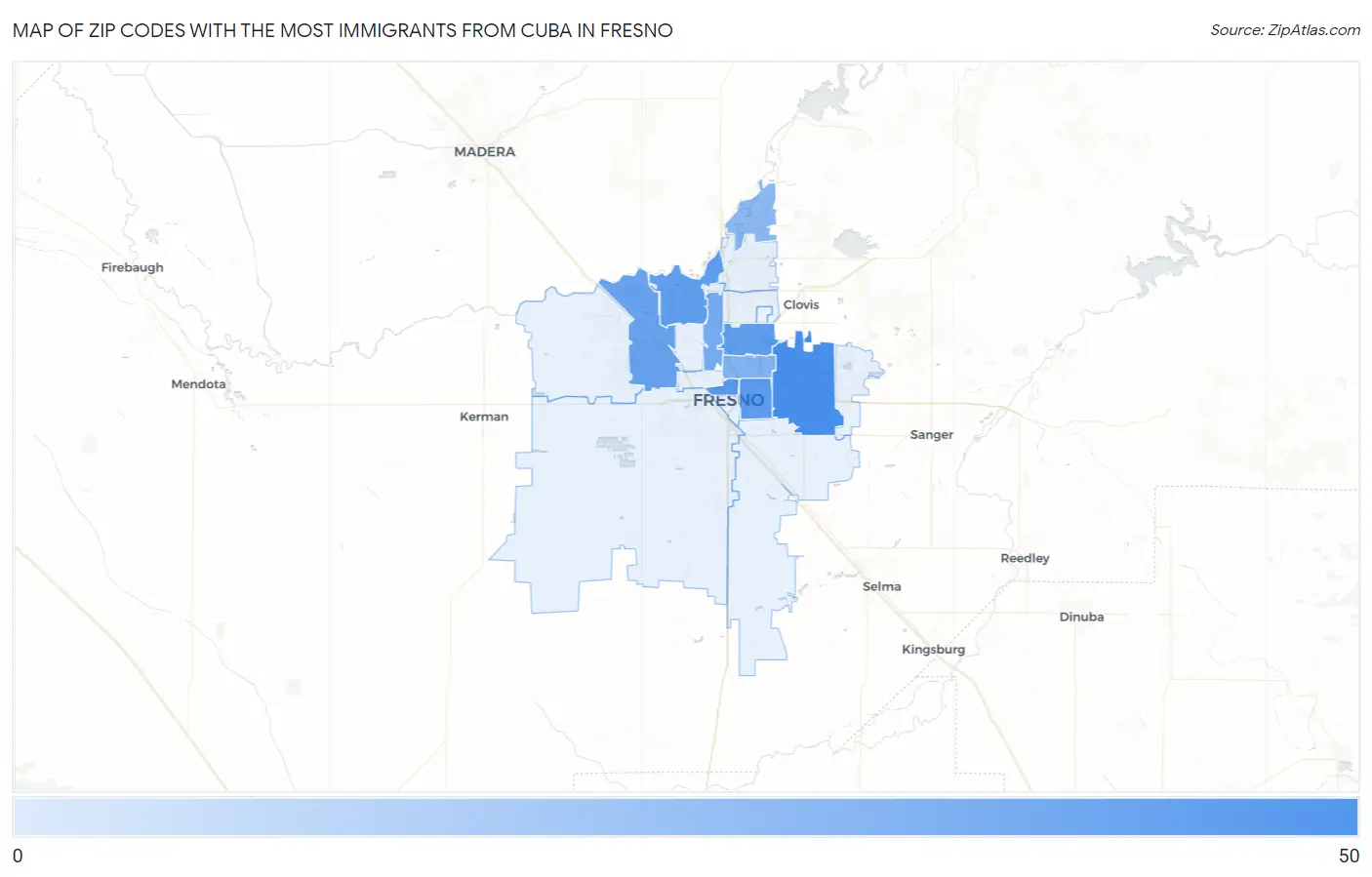 Zip Codes with the Most Immigrants from Cuba in Fresno Map