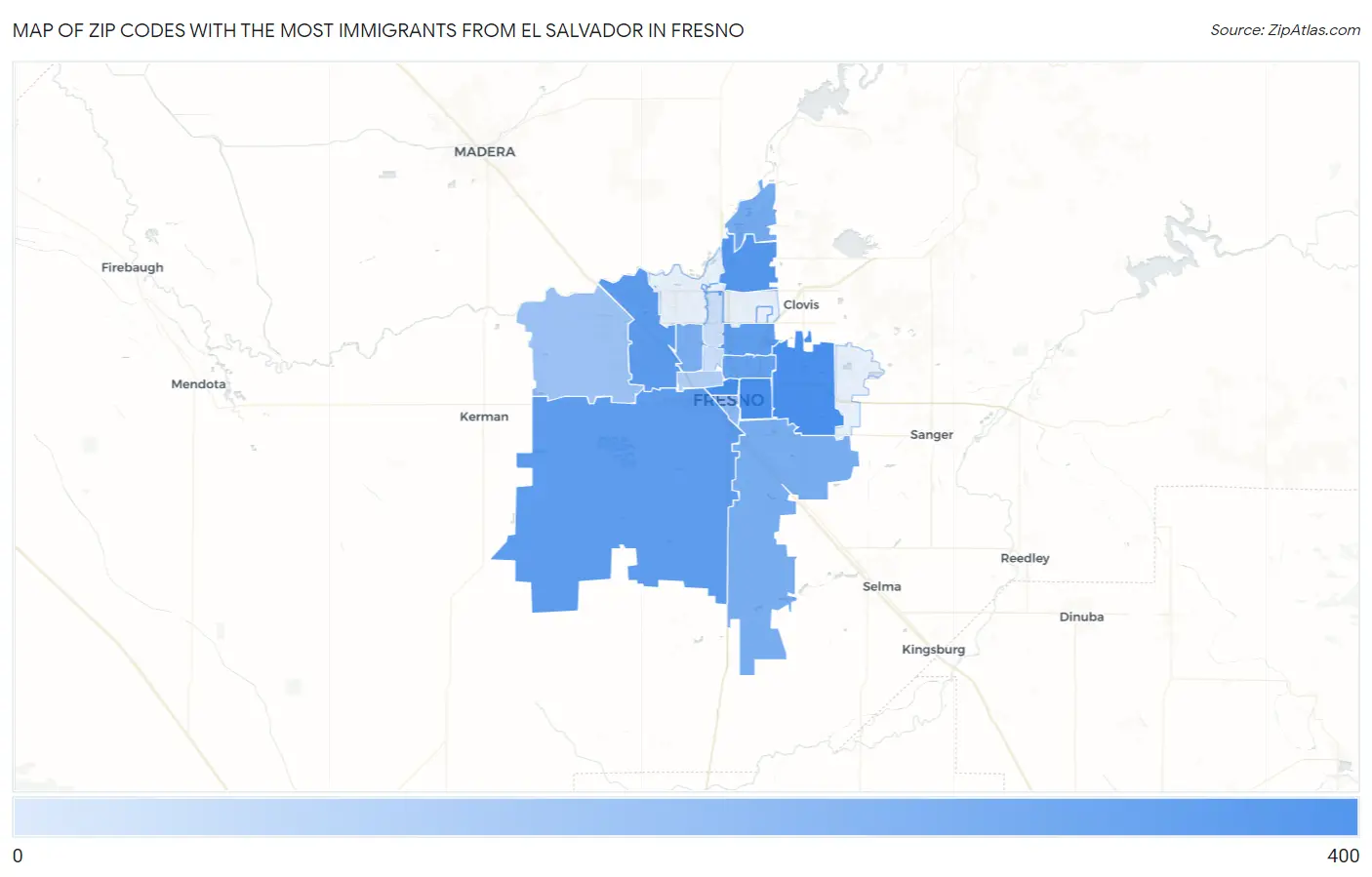 Zip Codes with the Most Immigrants from El Salvador in Fresno Map
