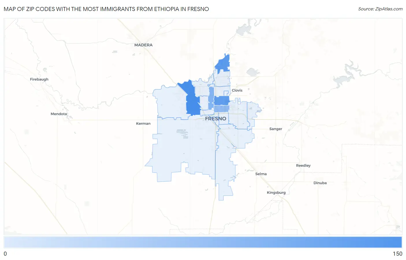 Zip Codes with the Most Immigrants from Ethiopia in Fresno Map