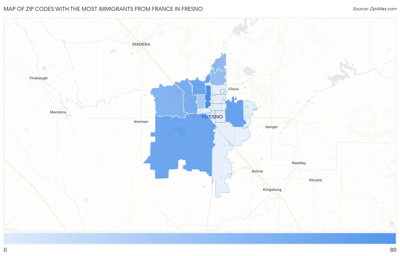 Zip Codes with the Most Immigrants from France in Fresno Map
