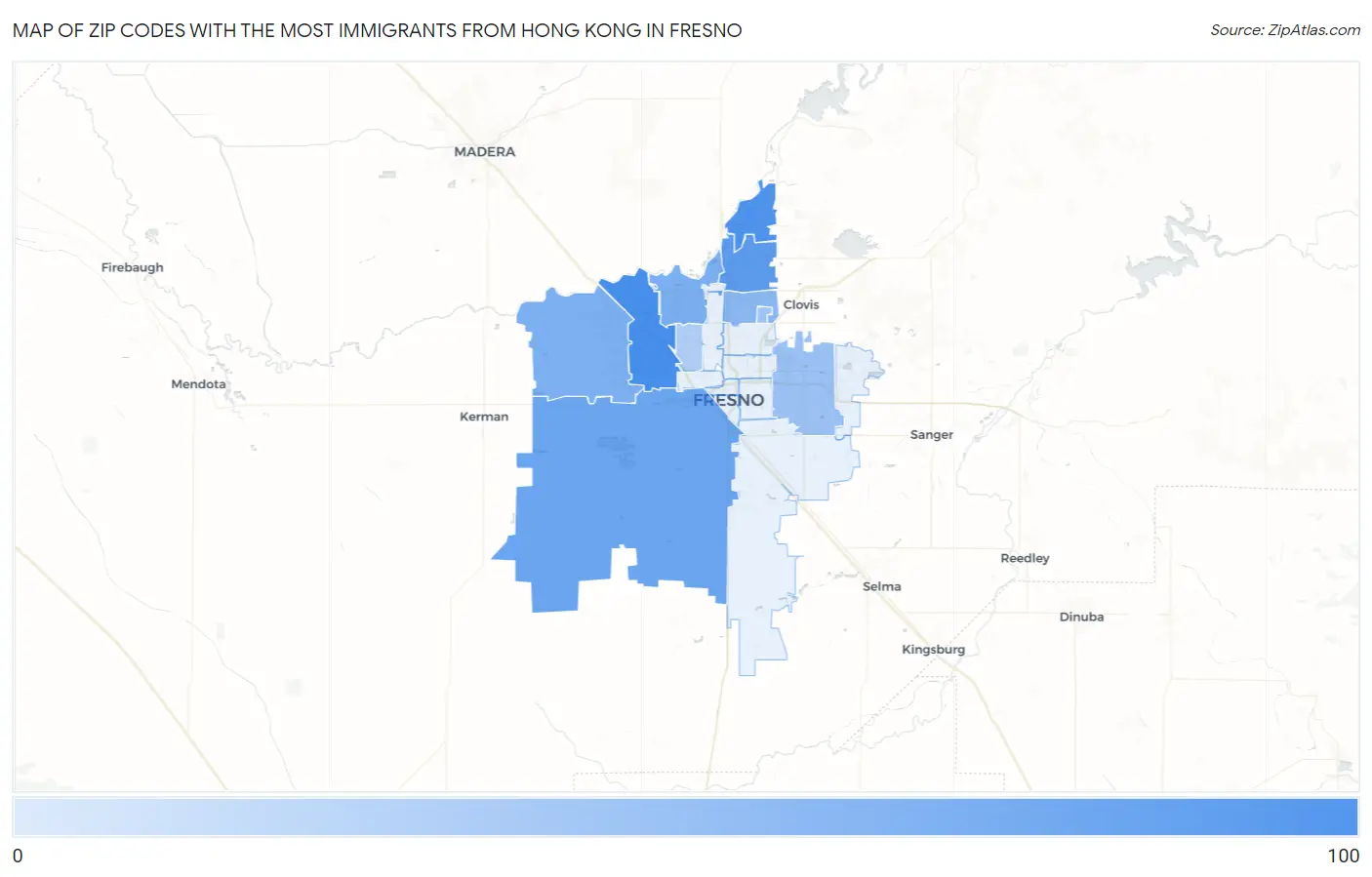 Zip Codes with the Most Immigrants from Hong Kong in Fresno Map