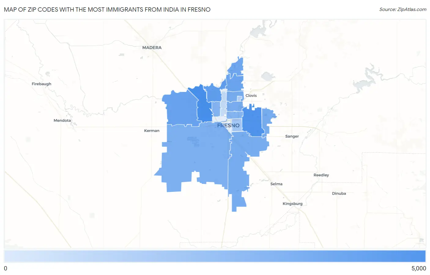 Zip Codes with the Most Immigrants from India in Fresno Map