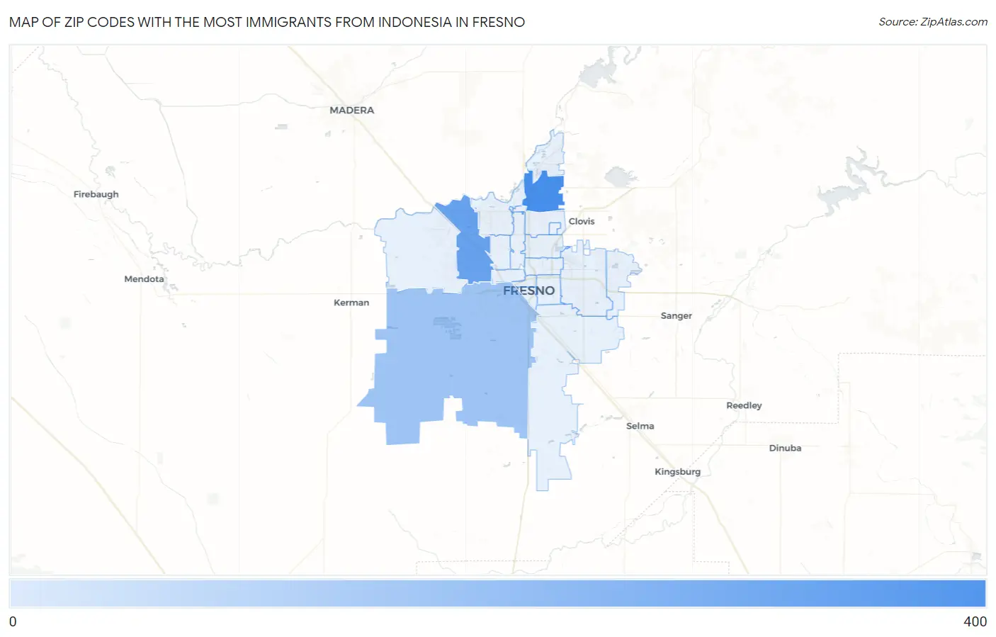 Zip Codes with the Most Immigrants from Indonesia in Fresno Map