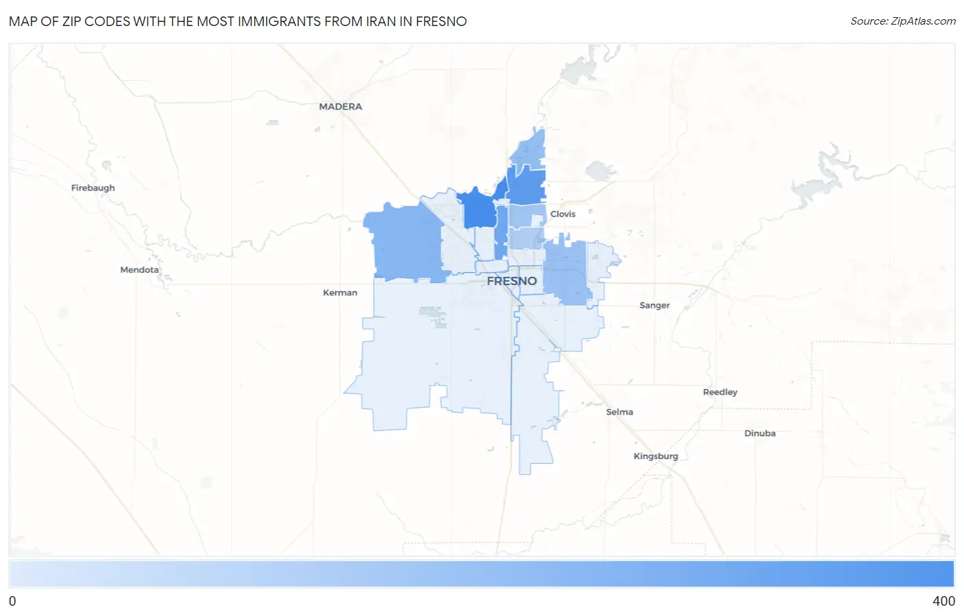Zip Codes with the Most Immigrants from Iran in Fresno Map