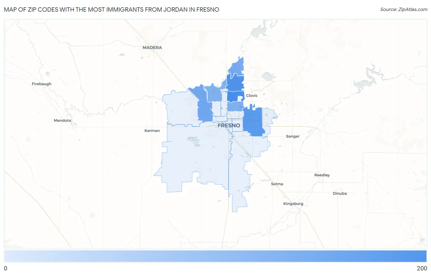 Zip Codes with the Most Immigrants from Jordan in Fresno Map