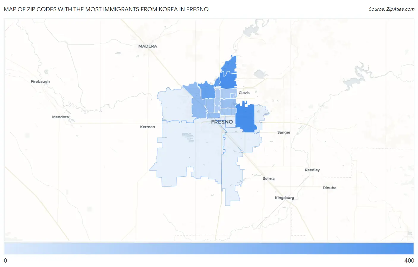 Zip Codes with the Most Immigrants from Korea in Fresno Map