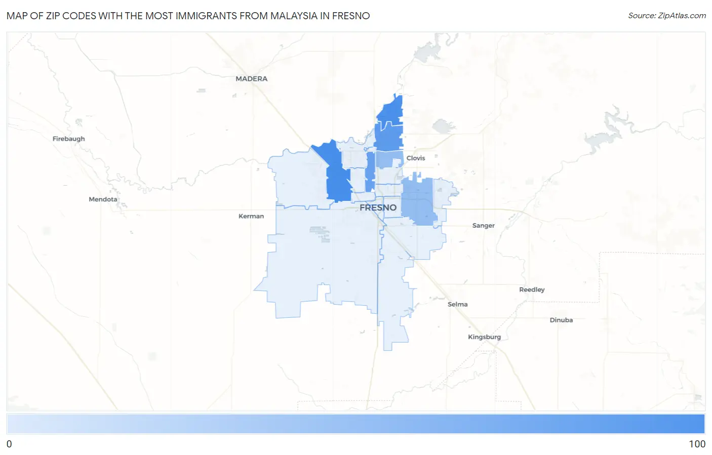 Zip Codes with the Most Immigrants from Malaysia in Fresno Map