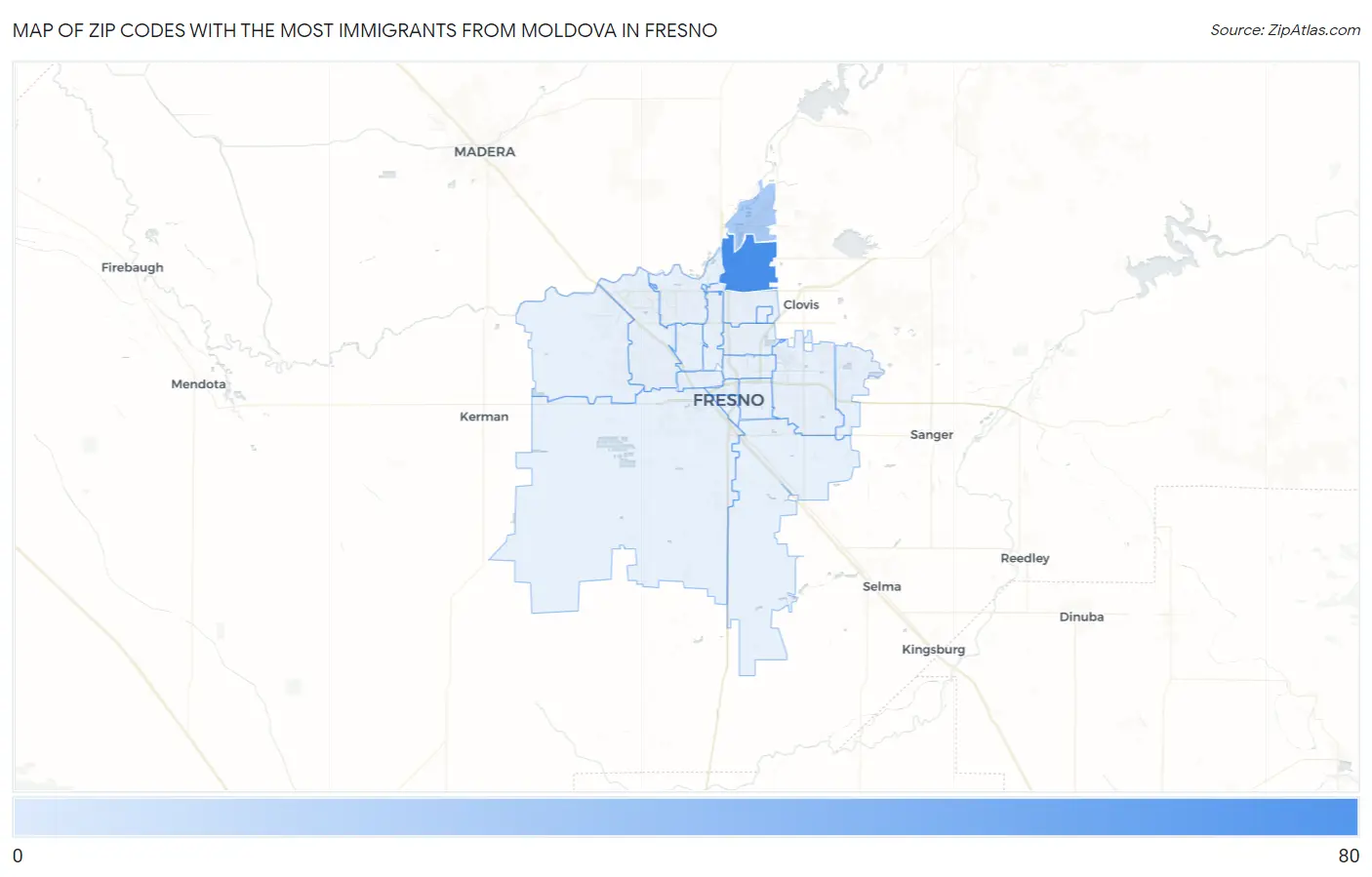 Zip Codes with the Most Immigrants from Moldova in Fresno Map