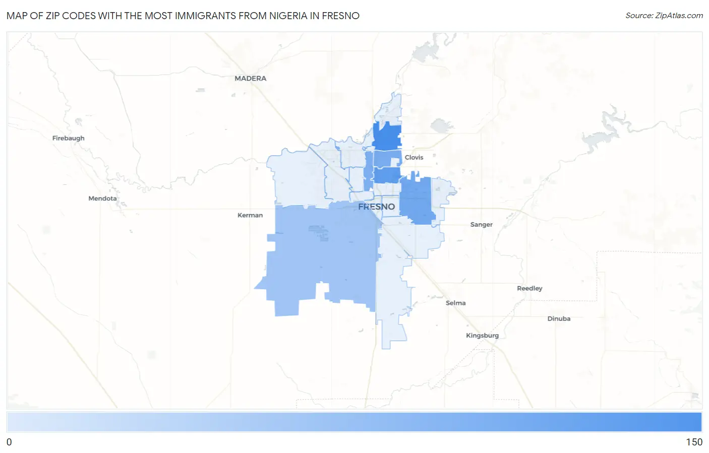 Zip Codes with the Most Immigrants from Nigeria in Fresno Map