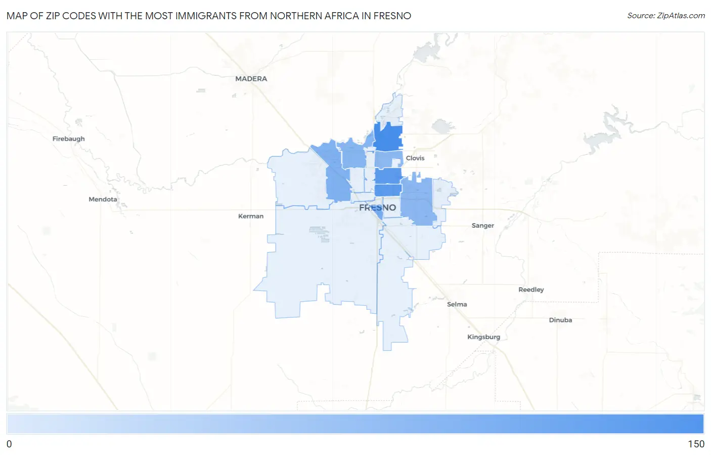 Zip Codes with the Most Immigrants from Northern Africa in Fresno Map