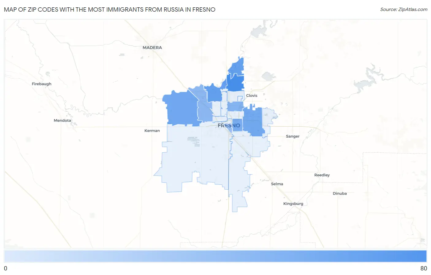 Zip Codes with the Most Immigrants from Russia in Fresno Map