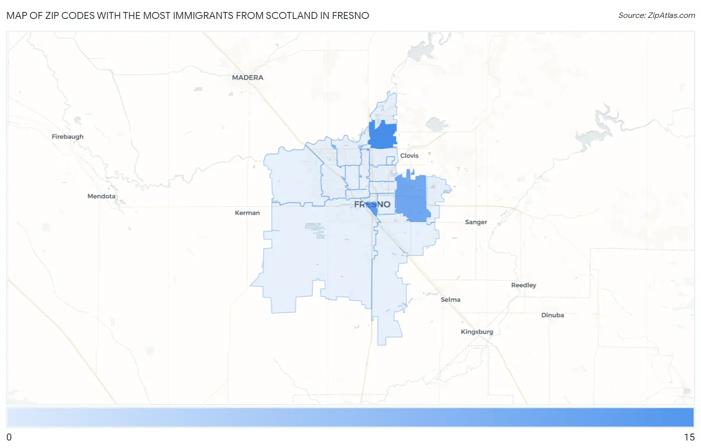 Zip Codes with the Most Immigrants from Scotland in Fresno Map