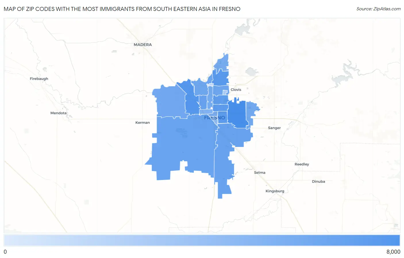 Zip Codes with the Most Immigrants from South Eastern Asia in Fresno Map