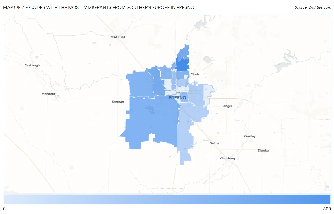 Zip Codes with the Most Immigrants from Southern Europe in Fresno Map