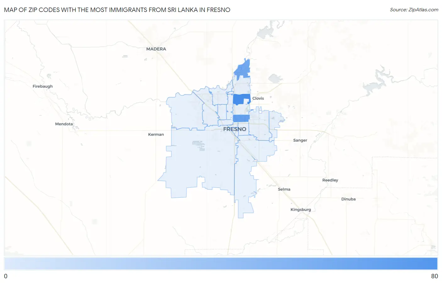 Zip Codes with the Most Immigrants from Sri Lanka in Fresno Map