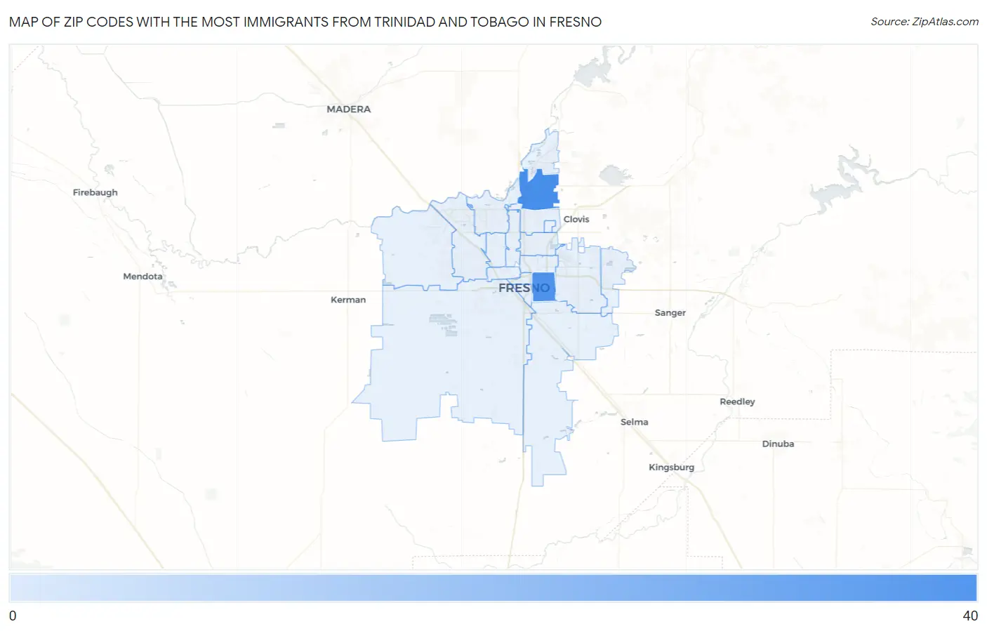 Zip Codes with the Most Immigrants from Trinidad and Tobago in Fresno Map