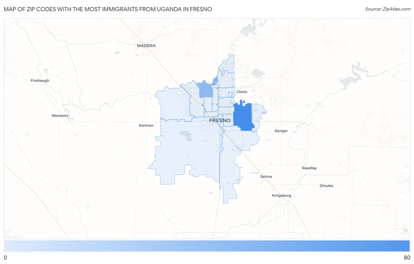 Zip Codes with the Most Immigrants from Uganda in Fresno Map