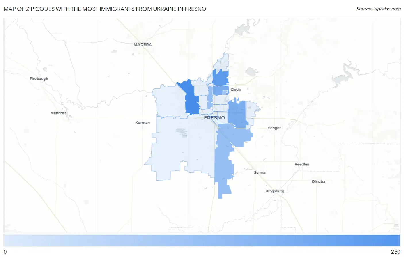 Zip Codes with the Most Immigrants from Ukraine in Fresno Map