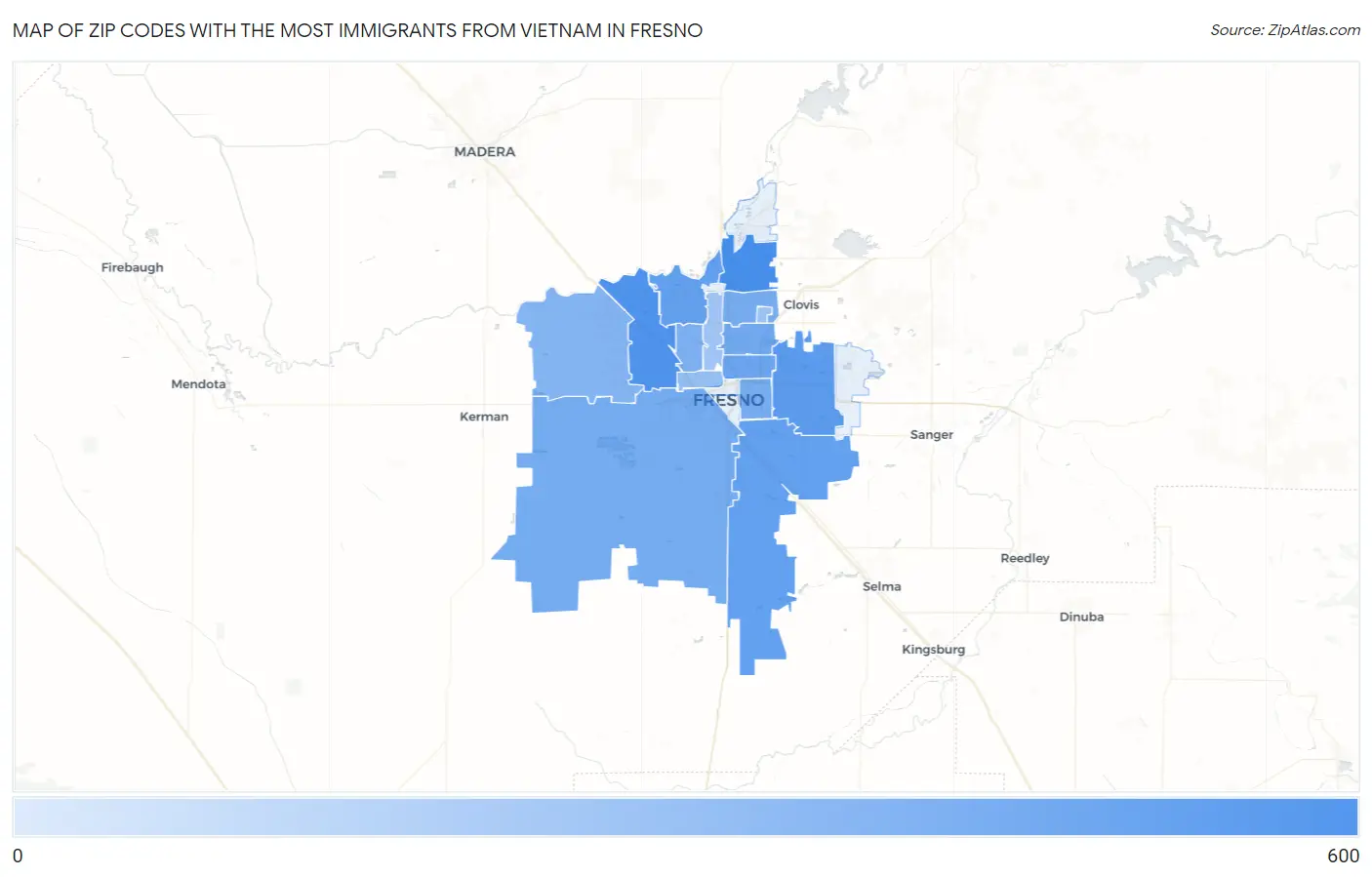Zip Codes with the Most Immigrants from Vietnam in Fresno Map