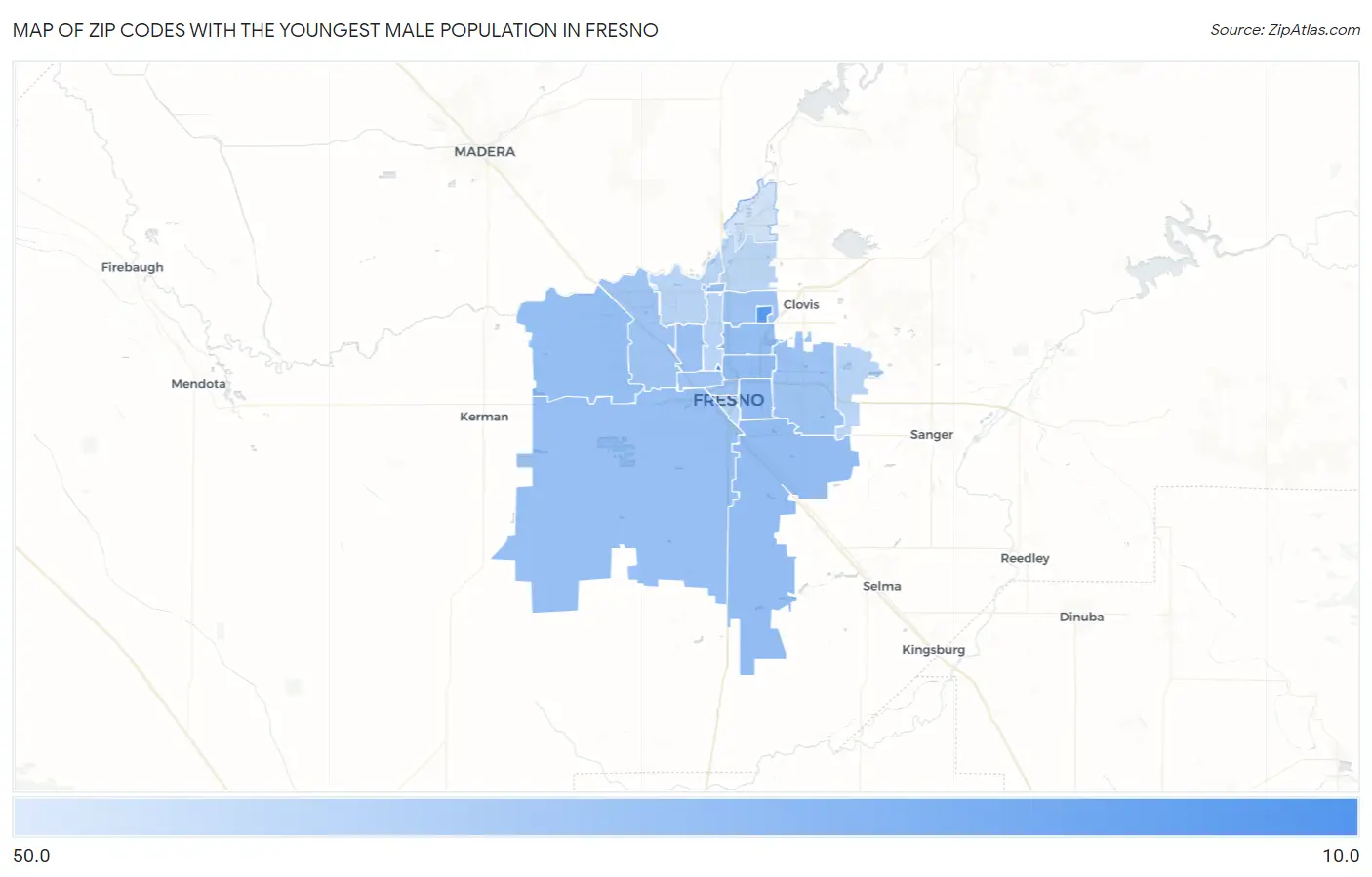 Zip Codes with the Youngest Male Population in Fresno Map