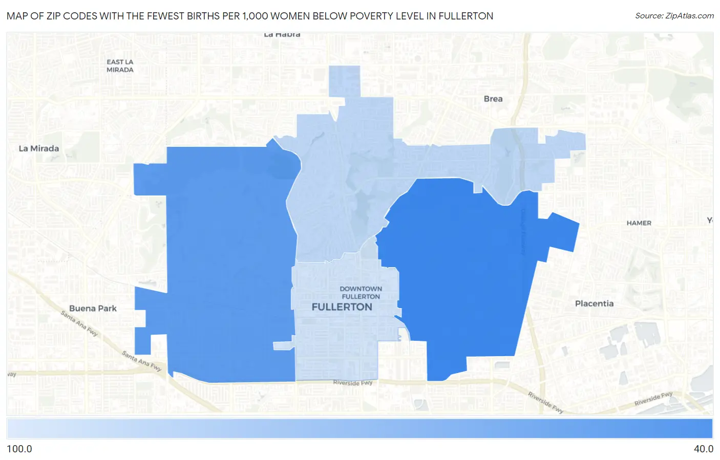 Zip Codes with the Fewest Births per 1,000 Women Below Poverty Level in Fullerton Map