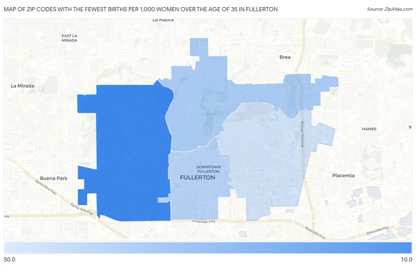 Zip Codes with the Fewest Births per 1,000 Women Over the Age of 35 in Fullerton Map
