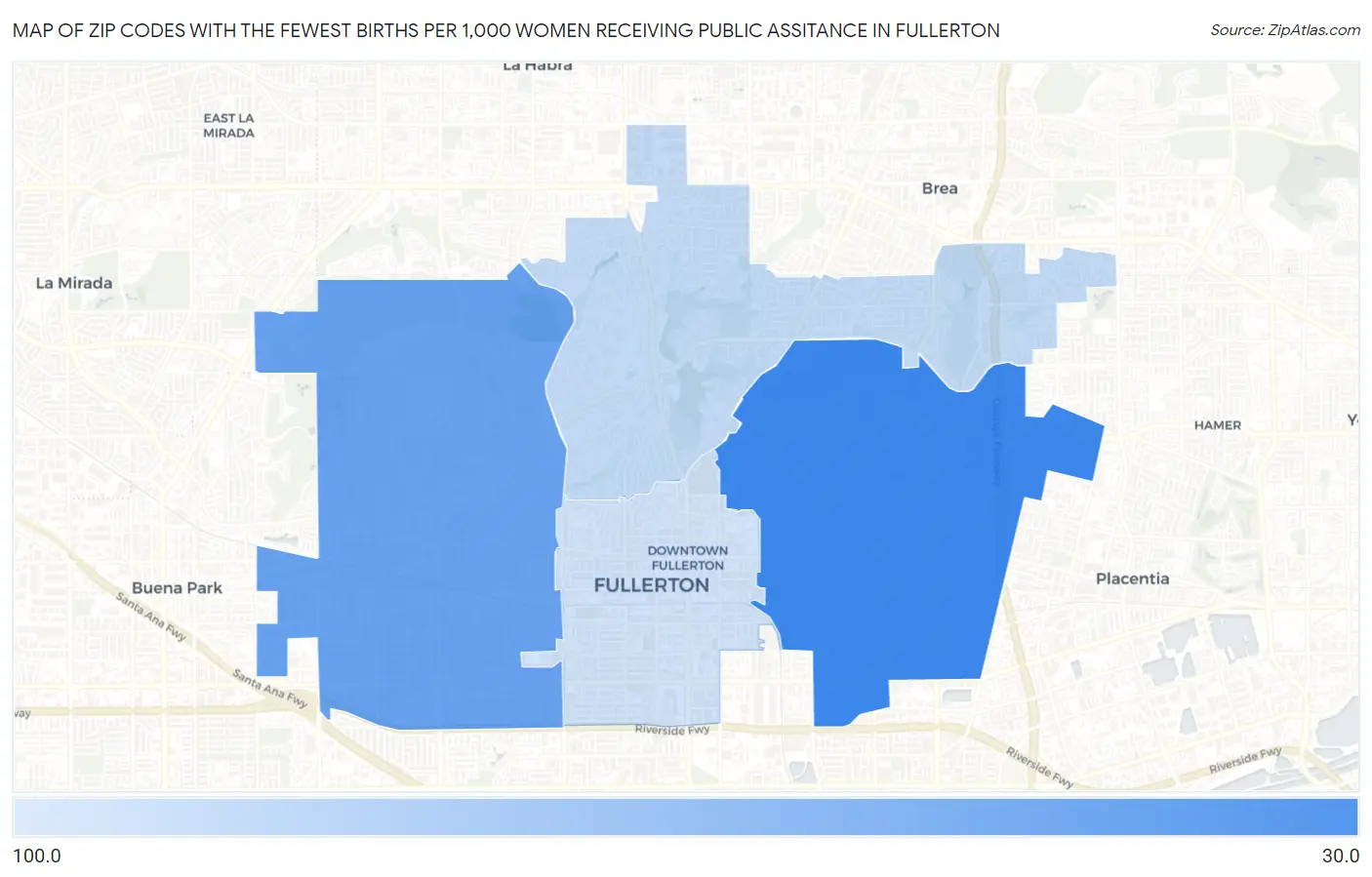Zip Codes with the Fewest Births per 1,000 Women Receiving Public Assitance in Fullerton Map