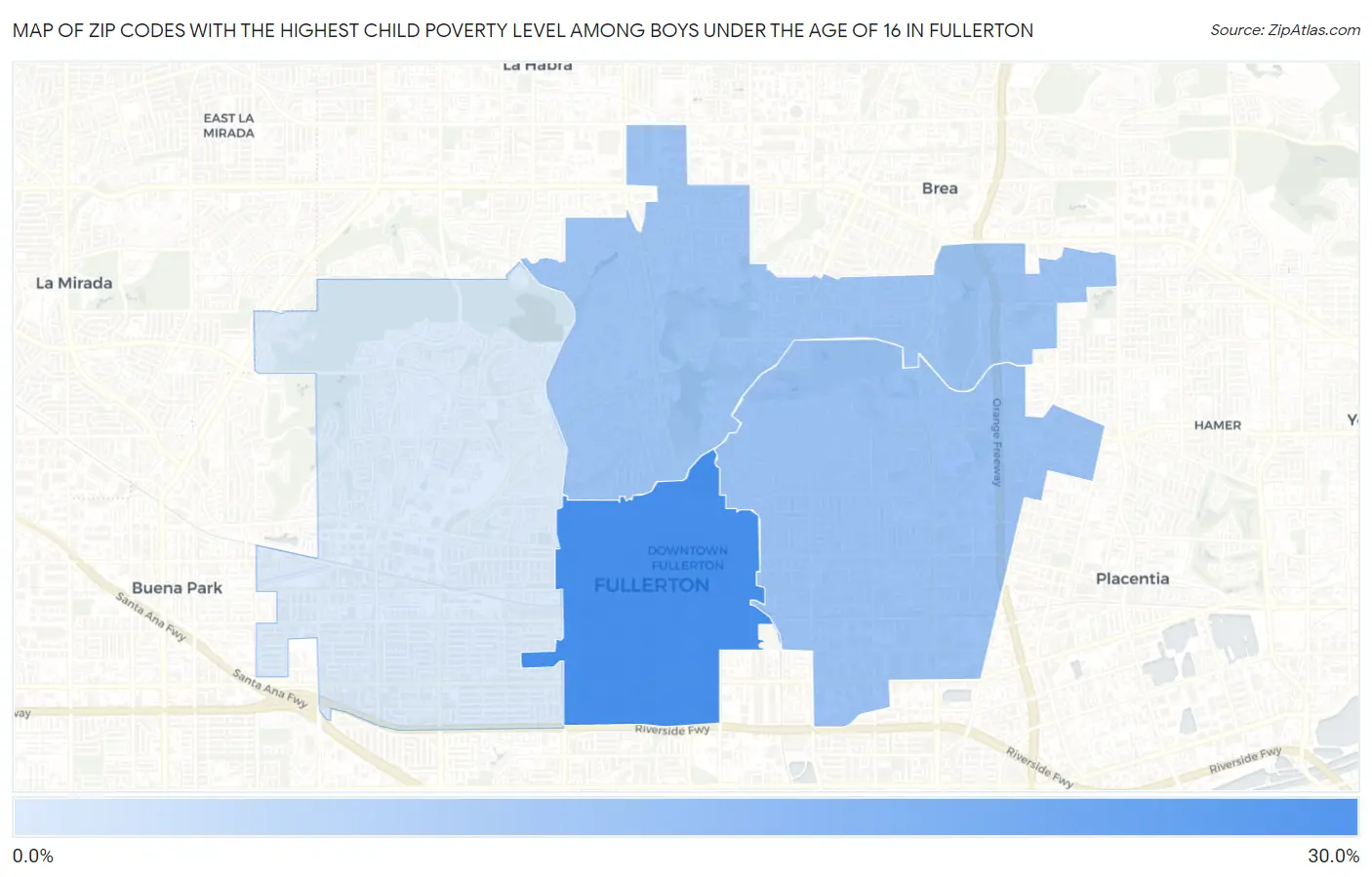 Zip Codes with the Highest Child Poverty Level Among Boys Under the Age of 16 in Fullerton Map