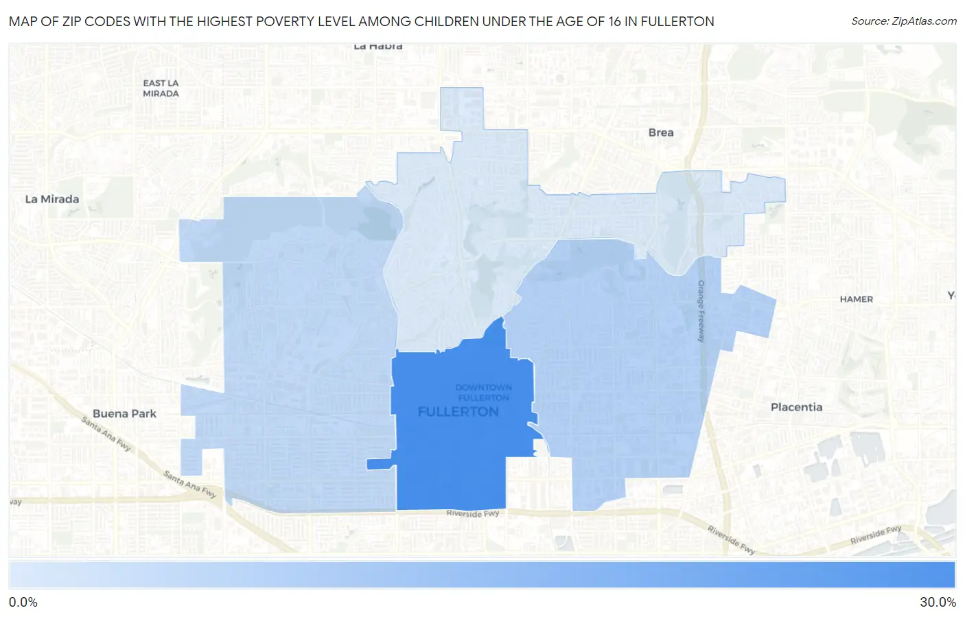 Zip Codes with the Highest Poverty Level Among Children Under the Age of 16 in Fullerton Map