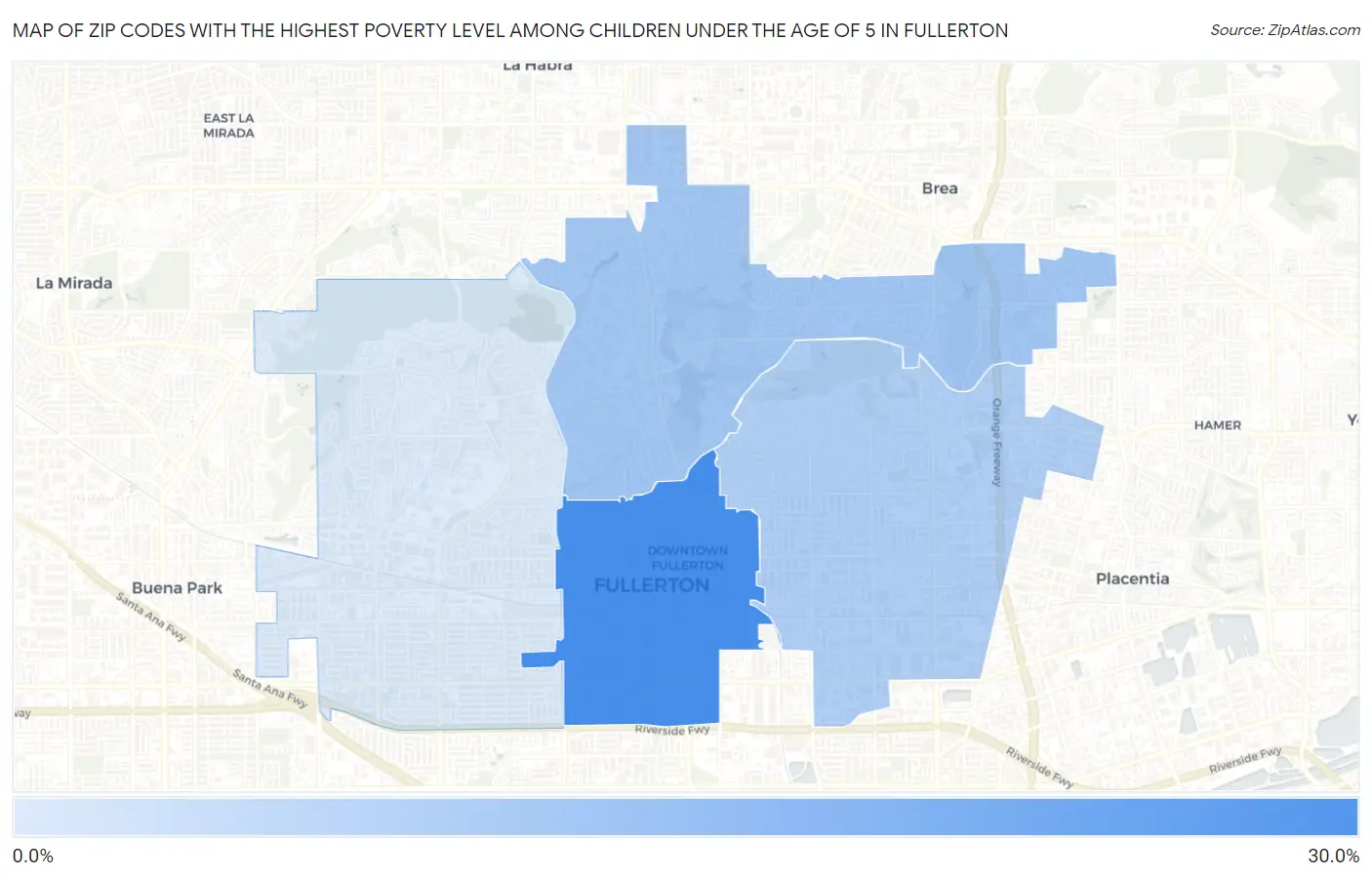 Zip Codes with the Highest Poverty Level Among Children Under the Age of 5 in Fullerton Map