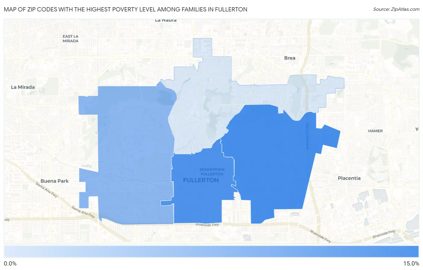 Zip Codes with the Highest Poverty Level Among Families in Fullerton Map