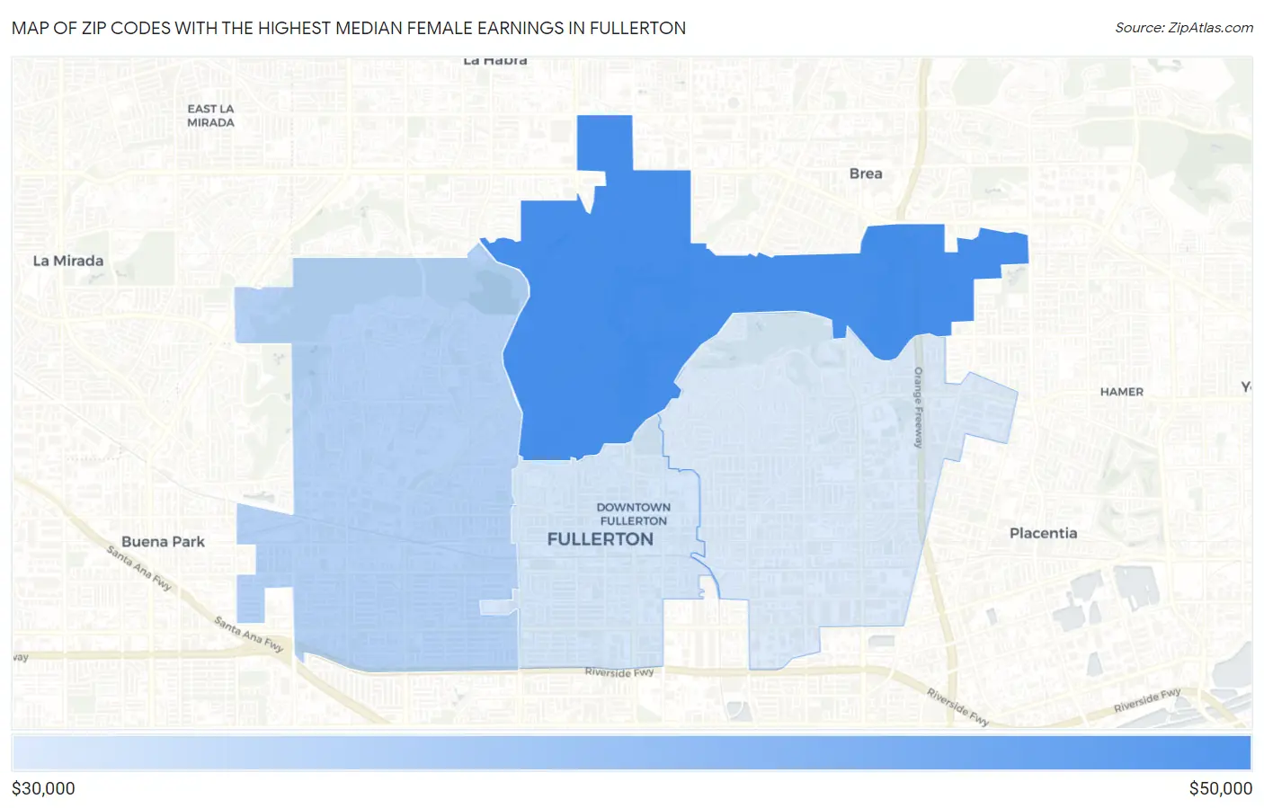 Zip Codes with the Highest Median Female Earnings in Fullerton Map