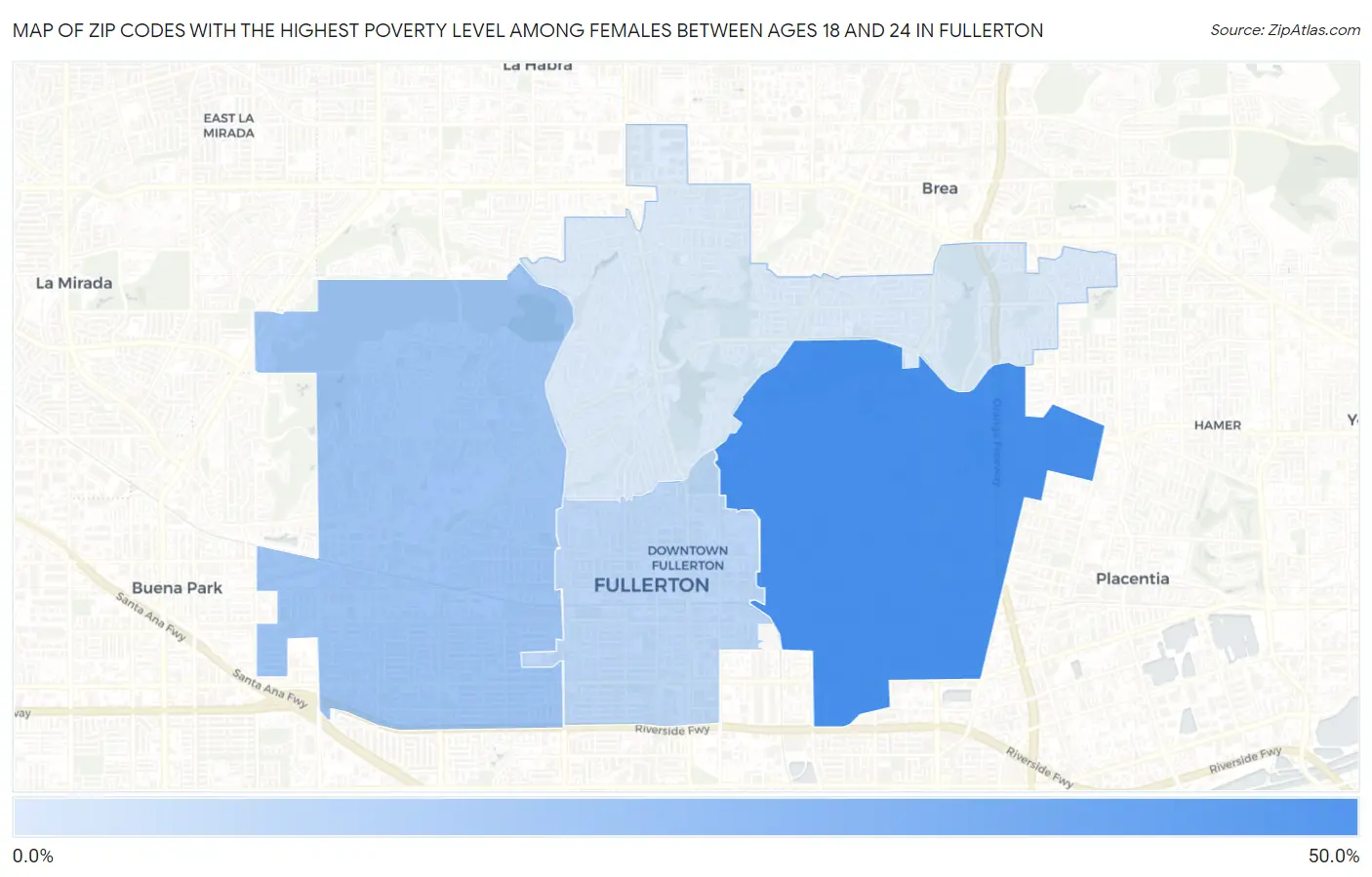 Zip Codes with the Highest Poverty Level Among Females Between Ages 18 and 24 in Fullerton Map