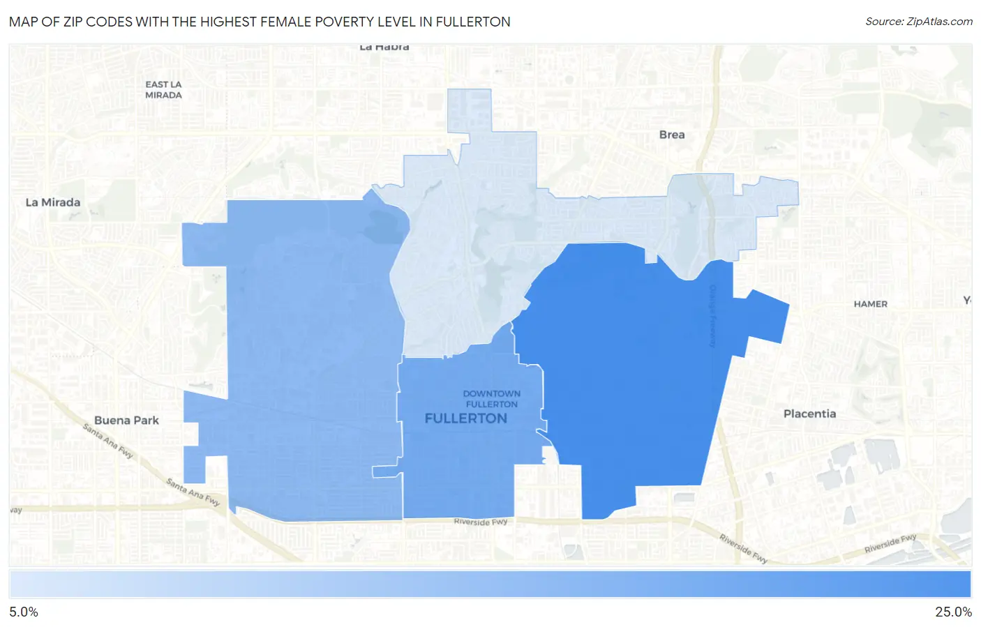 Zip Codes with the Highest Female Poverty Level in Fullerton Map