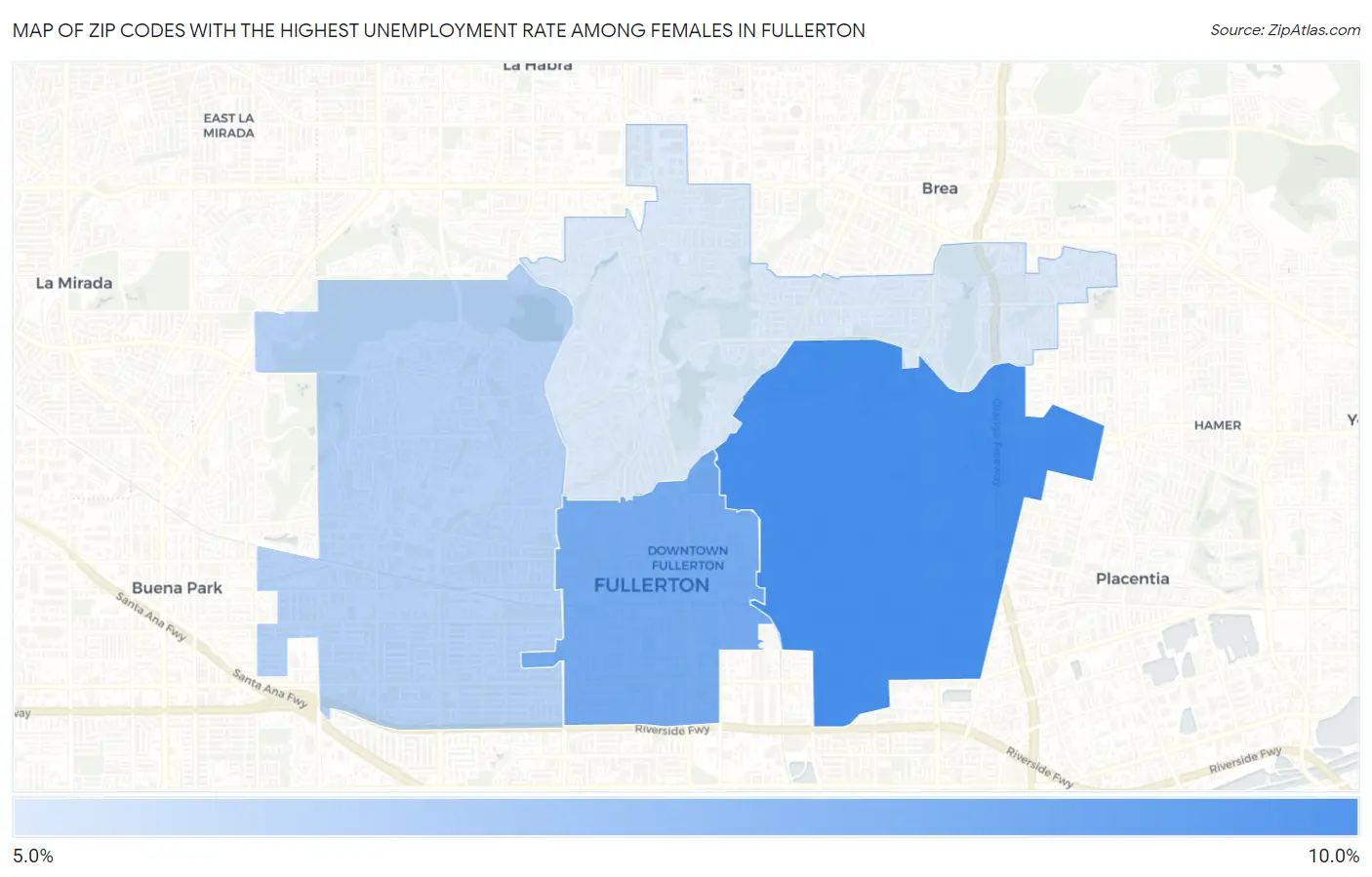 Zip Codes with the Highest Unemployment Rate Among Females in Fullerton Map