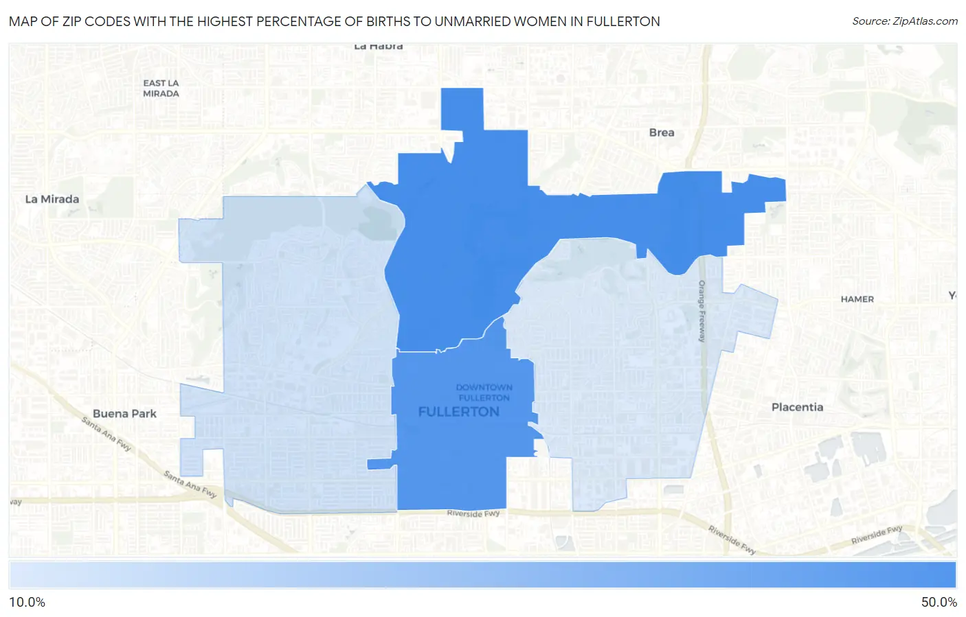 Zip Codes with the Highest Percentage of Births to Unmarried Women in Fullerton Map