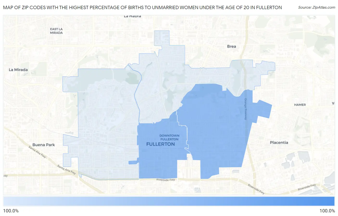 Zip Codes with the Highest Percentage of Births to Unmarried Women under the Age of 20 in Fullerton Map