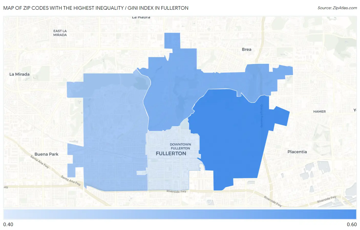 Zip Codes with the Highest Inequality / Gini Index in Fullerton Map