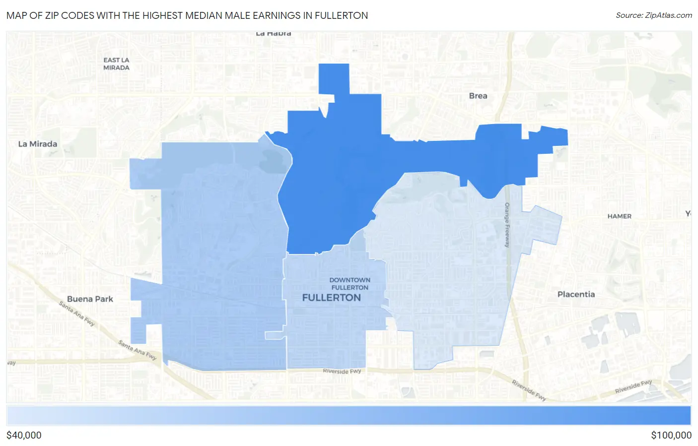 Zip Codes with the Highest Median Male Earnings in Fullerton Map