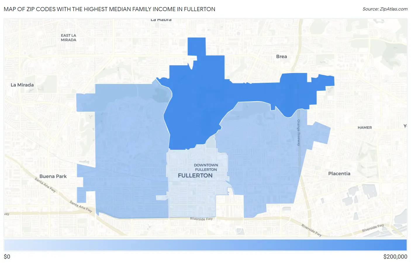 Zip Codes with the Highest Median Family Income in Fullerton Map