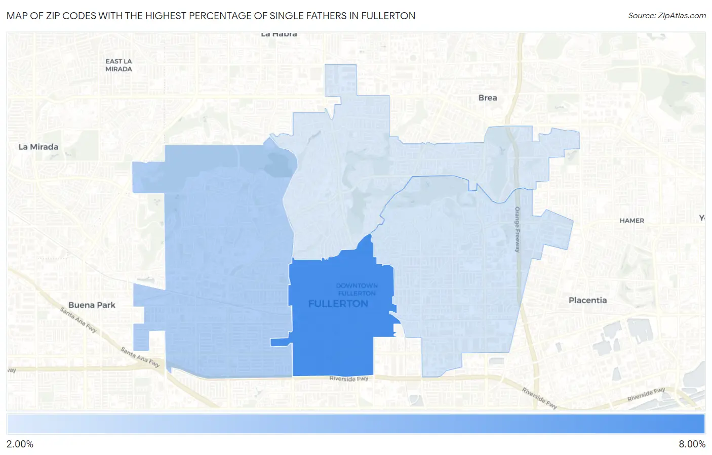 Zip Codes with the Highest Percentage of Single Fathers in Fullerton Map