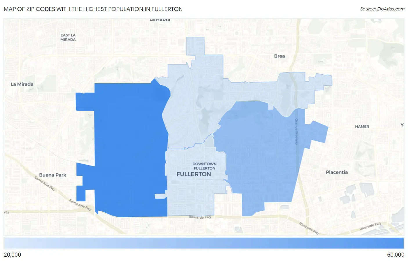 Zip Codes with the Highest Population in Fullerton Map