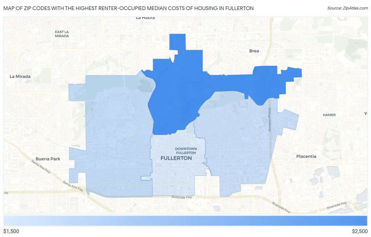 Zip Codes with the Highest Renter-Occupied Median Costs of Housing in Fullerton Map