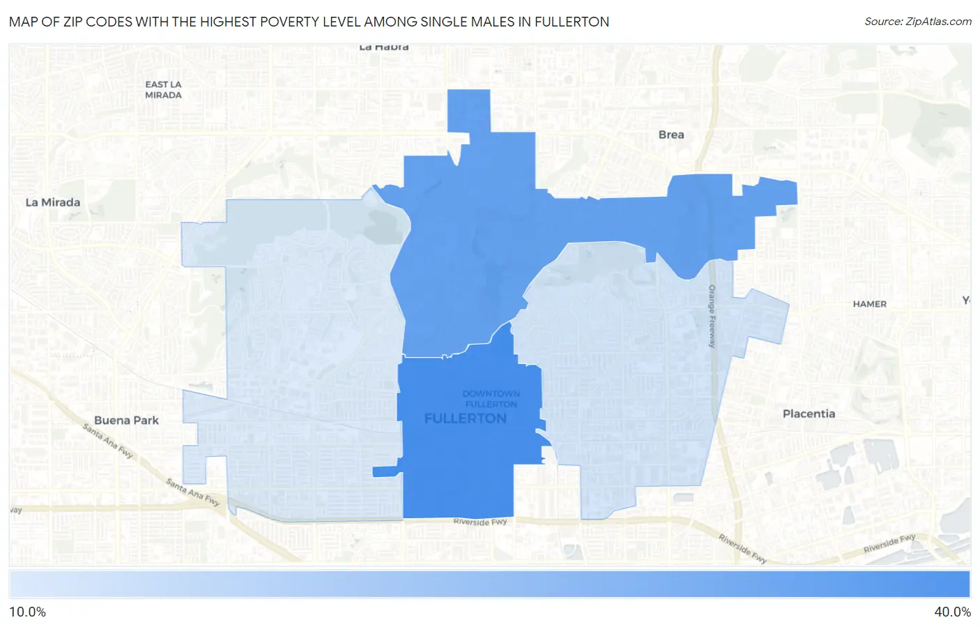 Zip Codes with the Highest Poverty Level Among Single Males in Fullerton Map
