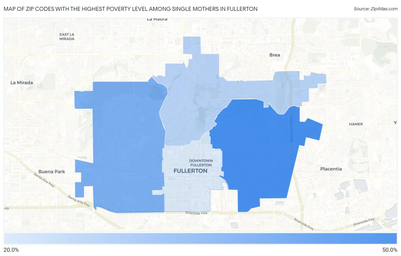 Zip Codes with the Highest Poverty Level Among Single Mothers in Fullerton Map